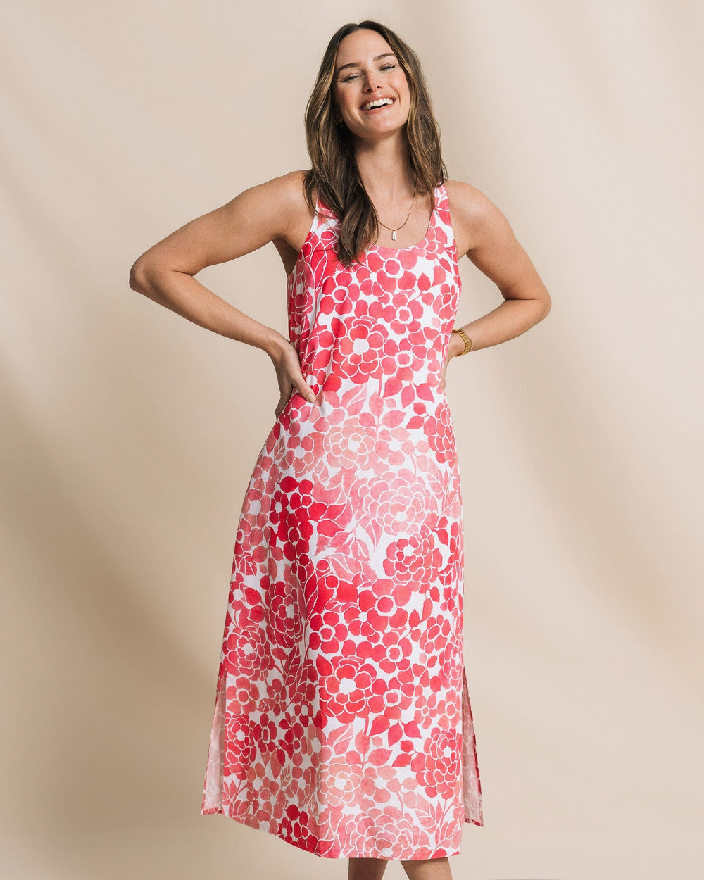 The front view of the Southern Tide Serena Printed Maxi Dress by Southern Tide - Island Pink