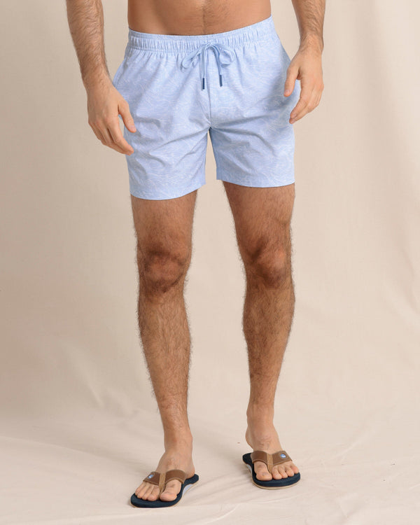 The front view of the Southern Tide Shark Bait Swim Trunk by Southern Tide - Cerulean