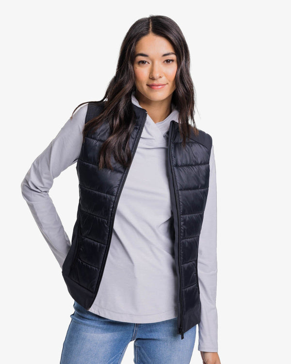 The front view of the Southern Tide Shawna Mixed Media Vest by Southern Tide - Midnight Black
