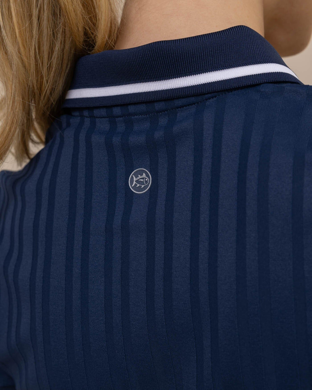 The detail view of the Southern Tide Shaylyn Active Polo by Southern Tide - Dress Blue