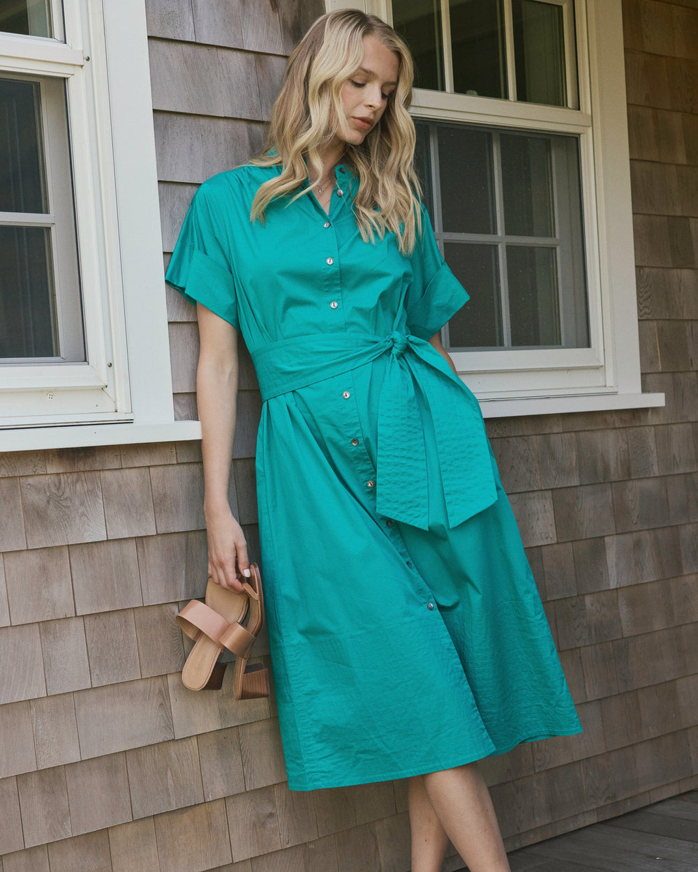 The lifestyle view of the Southern Tide Shelbi Midi Dress by Southern Tide - Spruce Shade