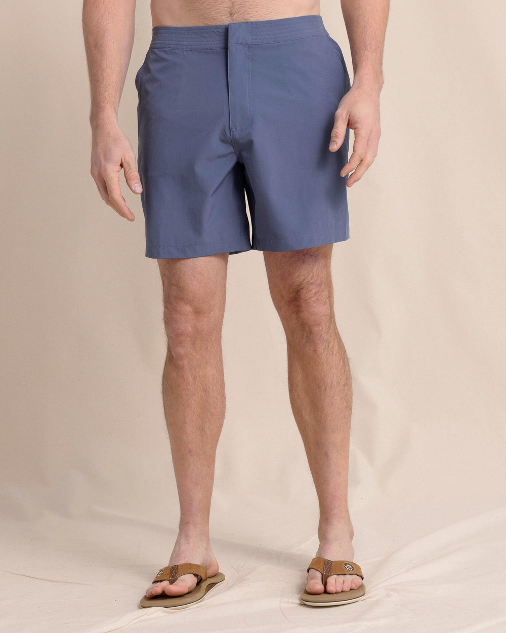 The front view of the Southern Tide Shelter Cove Swim Trunk by Southern Tide - Light Indigo