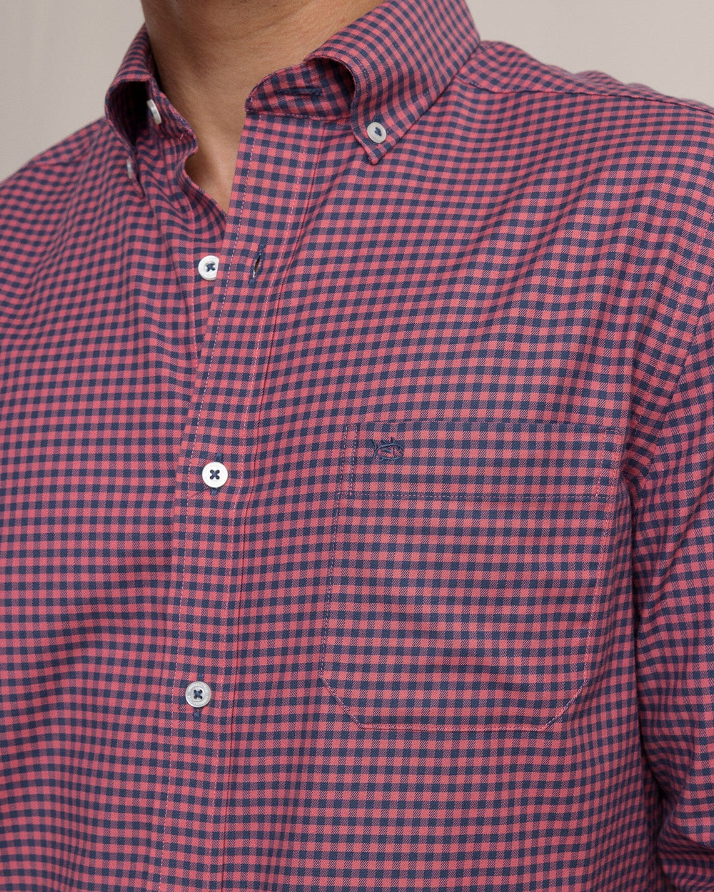 The detail view of the Southern Tide Shemwood Plaid Skipjack Long Sleeve Sport Shirt by Southern Tide - Baroque Rose