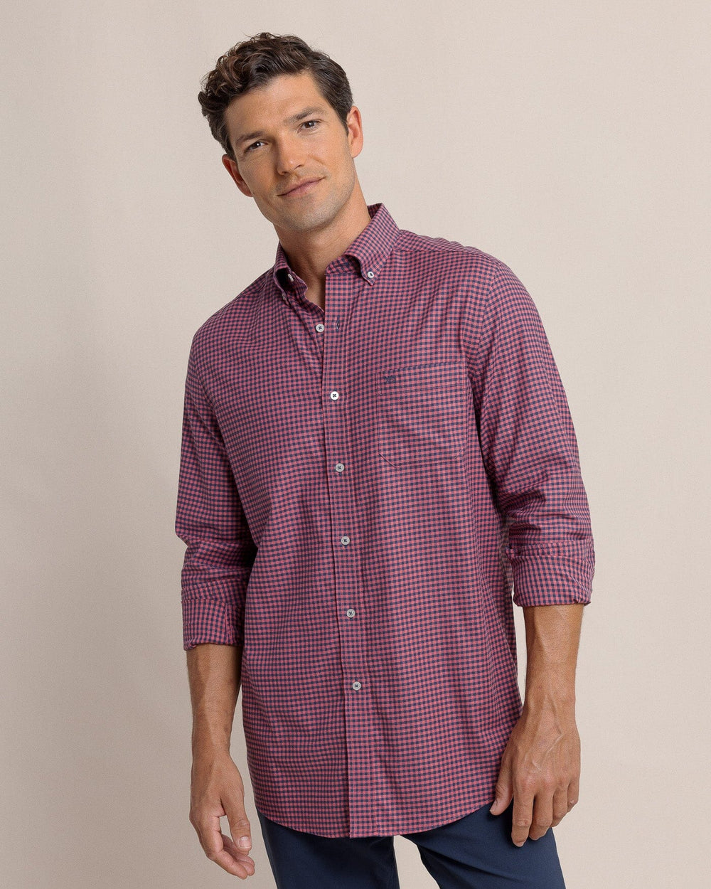 The front view of the Southern Tide Shemwood Plaid Skipjack Long Sleeve Sport Shirt by Southern Tide - Baroque Rose