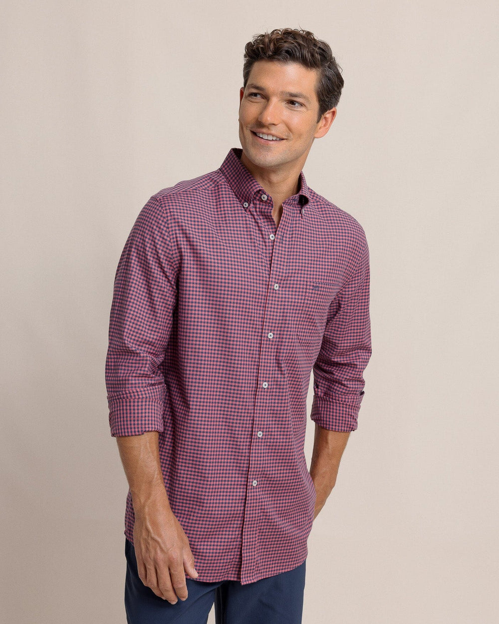 The front view of the Southern Tide Shemwood Plaid Skipjack Long Sleeve Sport Shirt by Southern Tide - Baroque Rose