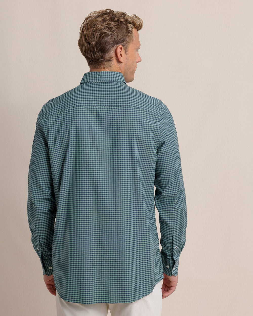 The back view of the Southern Tide Shemwood Plaid Skipjack Long Sleeve Sport Shirt by Southern Tide - Frosty Spruce