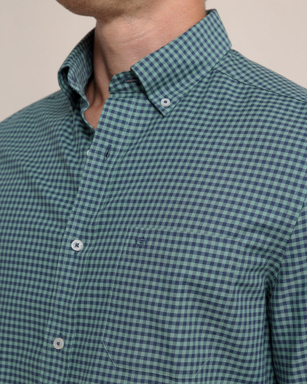 The detail view of the Southern Tide Shemwood Plaid Skipjack Long Sleeve Sport Shirt by Southern Tide - Frosty Spruce