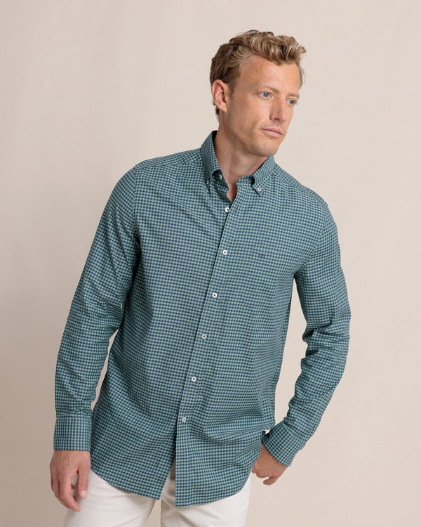 The front view of the Southern Tide Shemwood Plaid Skipjack Long Sleeve Sport Shirt by Southern Tide - Frosty Spruce