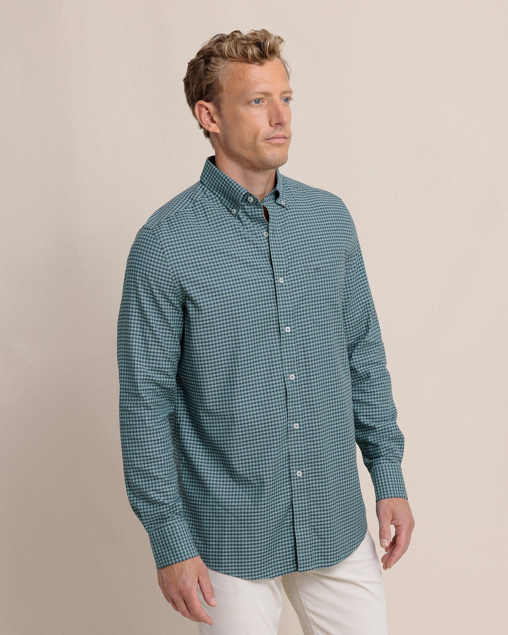 The front view of the Southern Tide Shemwood Plaid Skipjack Long Sleeve Sport Shirt by Southern Tide - Frosty Spruce