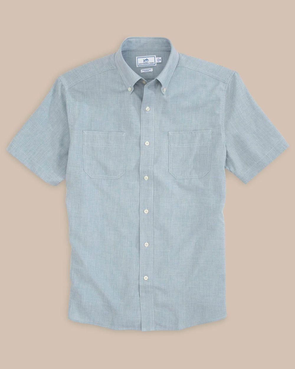 The front view of the Men's Grey Short Sleeve Dock Shirt by Southern Tide - Seagull Grey