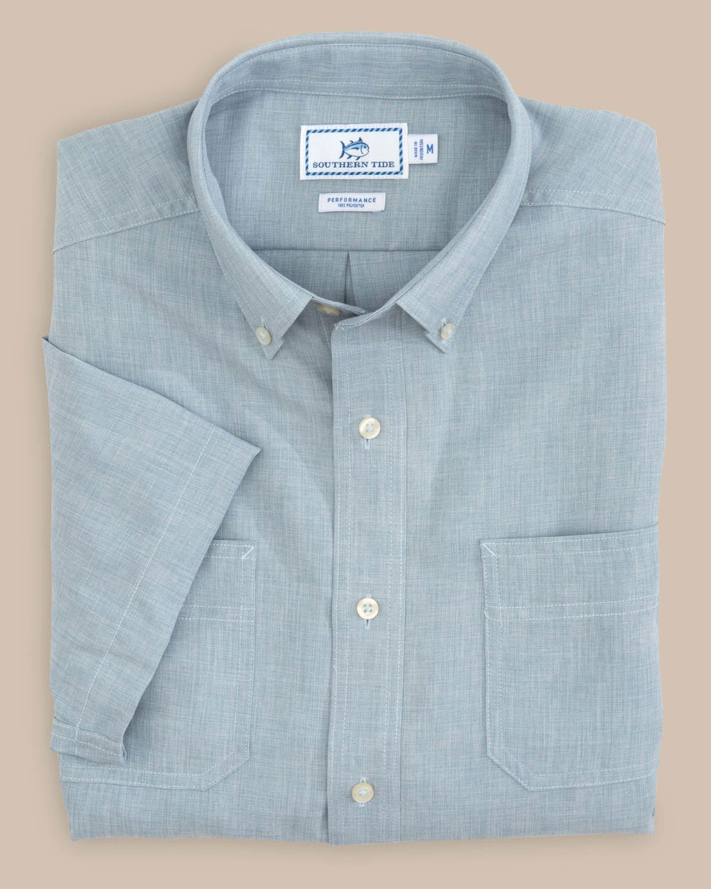 The folded view of the Men's Grey Short Sleeve Dock Shirt by Southern Tide - Seagull Grey