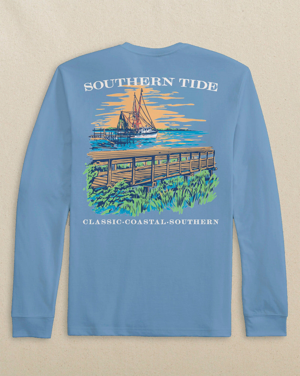 The back view of the Southern Tide Shrimp Boat Sunrise Long Sleeve T-Shirt by Southern Tide - Ocean Channel