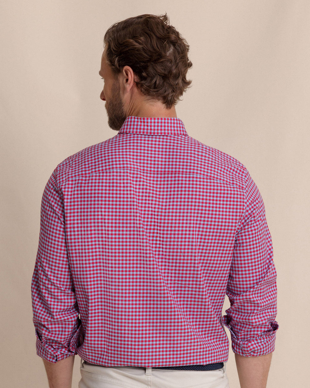The back view of the Southern Tide Silver Lake Plaid Skipjack Sport Shirt by Southern Tide - Grenadine Red