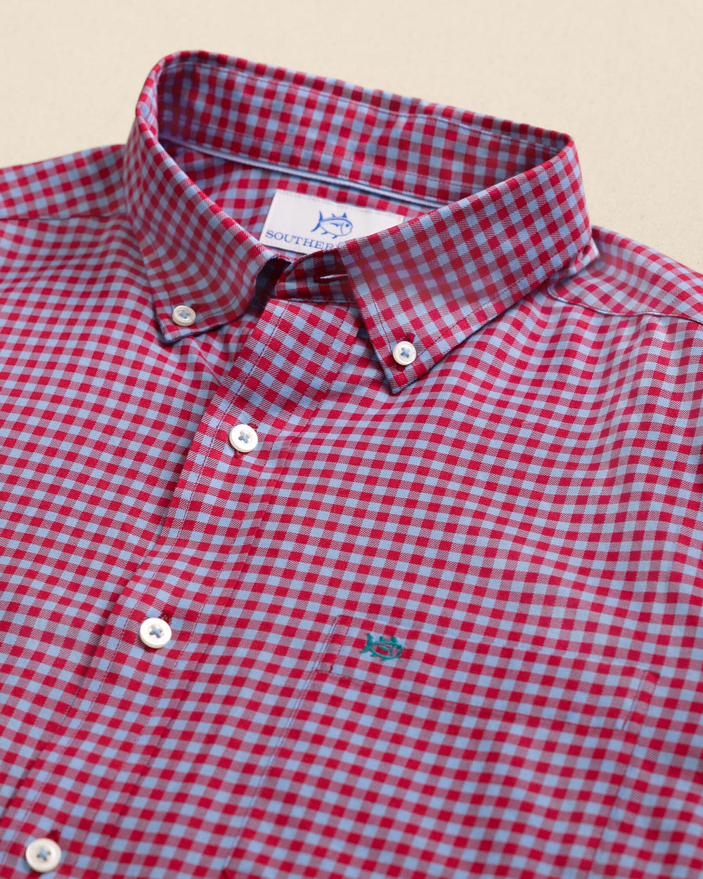 The detail view of the Southern Tide Silver Lake Plaid Skipjack Sport Shirt by Southern Tide - Grenadine Red