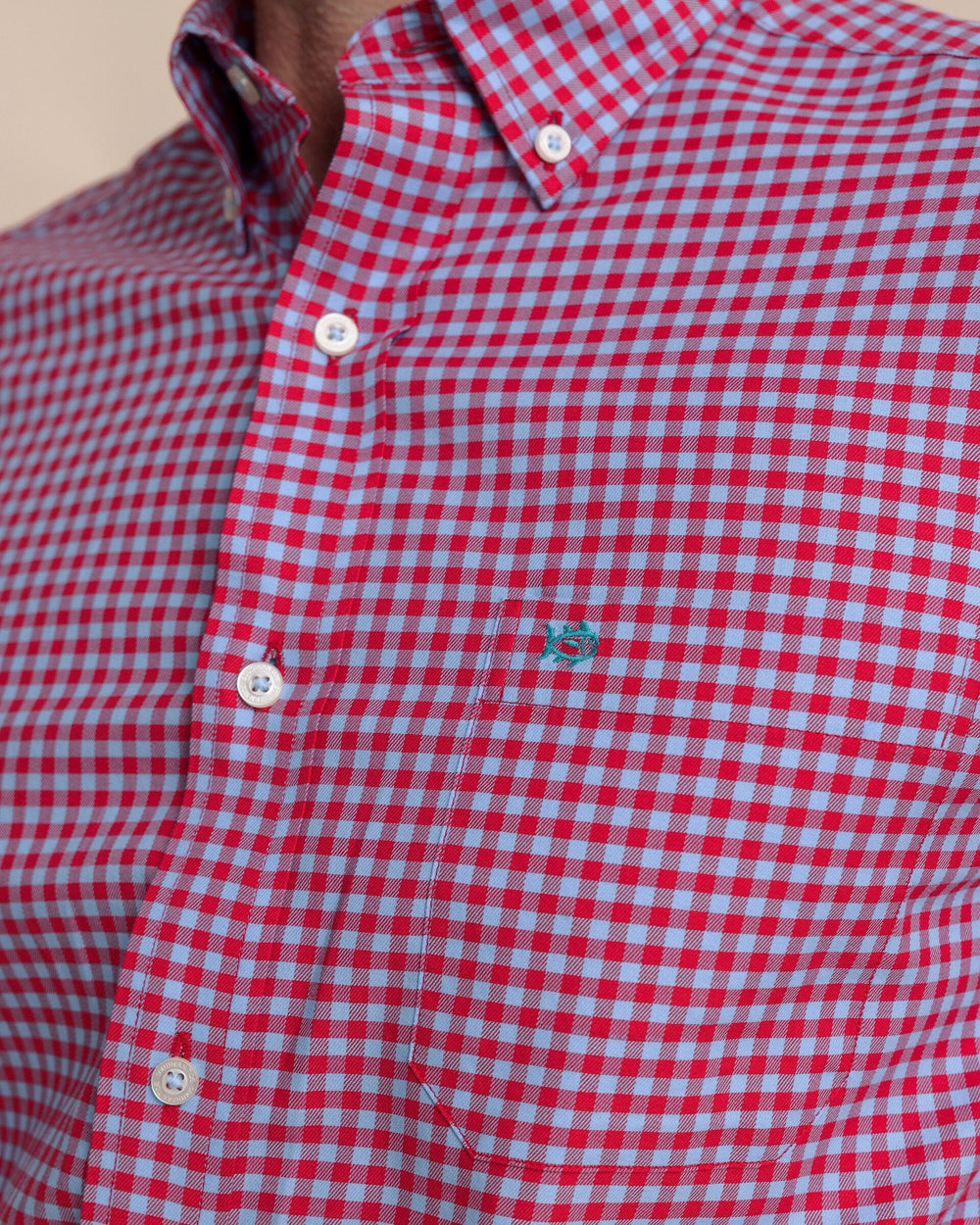 The detail view of the Southern Tide Silver Lake Plaid Skipjack Sport Shirt by Southern Tide - Grenadine Red