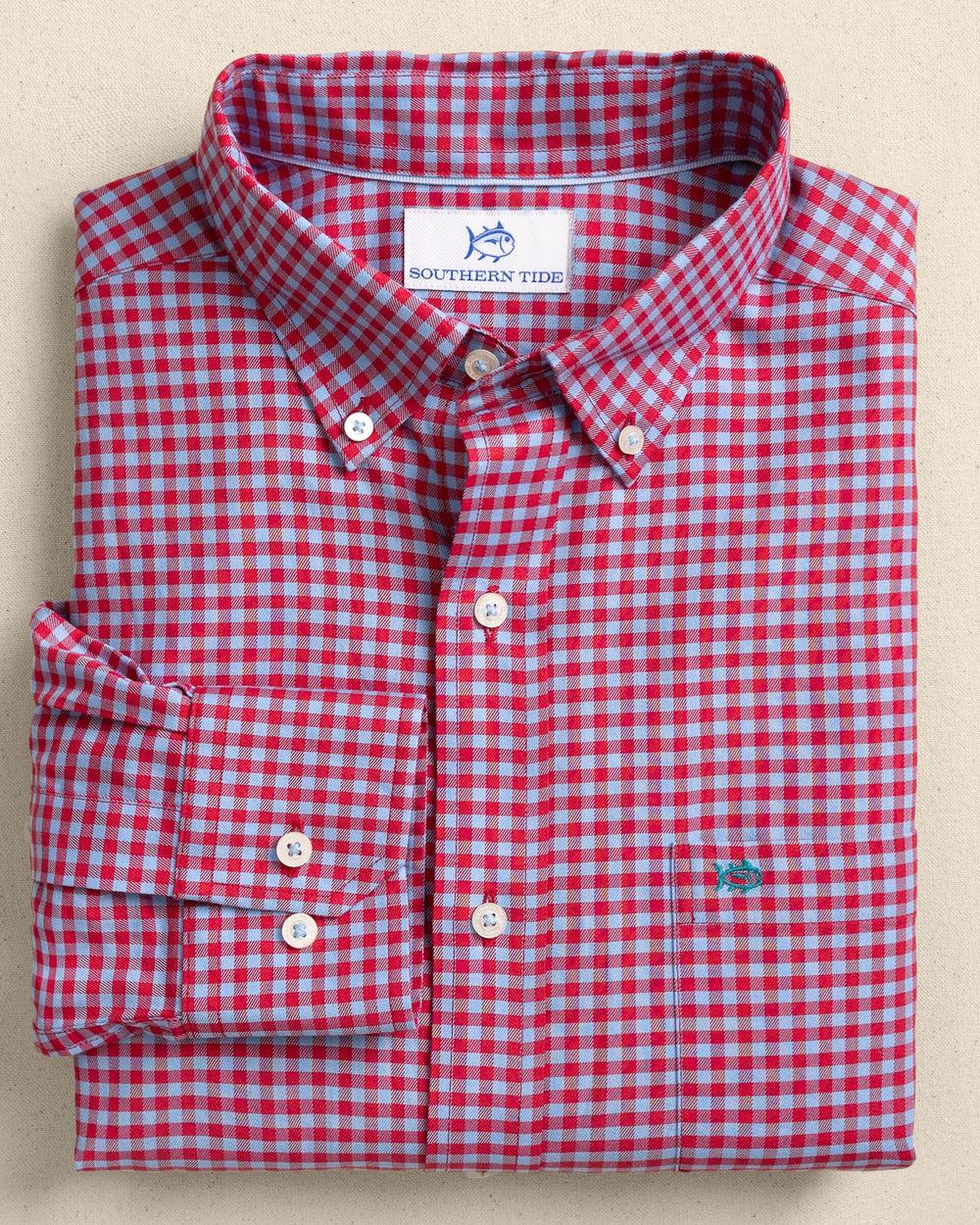 The front view of the Southern Tide Silver Lake Plaid Skipjack Sport Shirt by Southern Tide - Grenadine Red