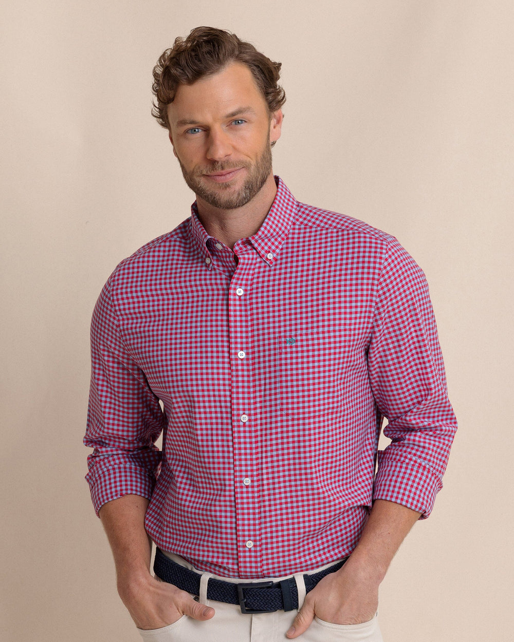 The front view of the Southern Tide Silver Lake Plaid Skipjack Sport Shirt by Southern Tide - Grenadine Red