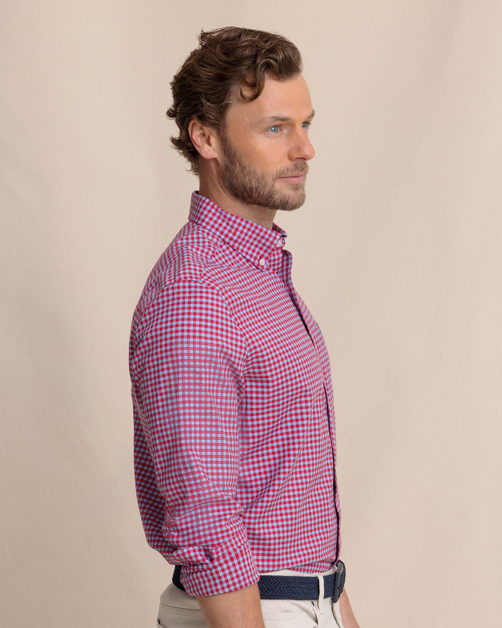 The side view of the Southern Tide Silver Lake Plaid Skipjack Sport Shirt by Southern Tide - Grenadine Red