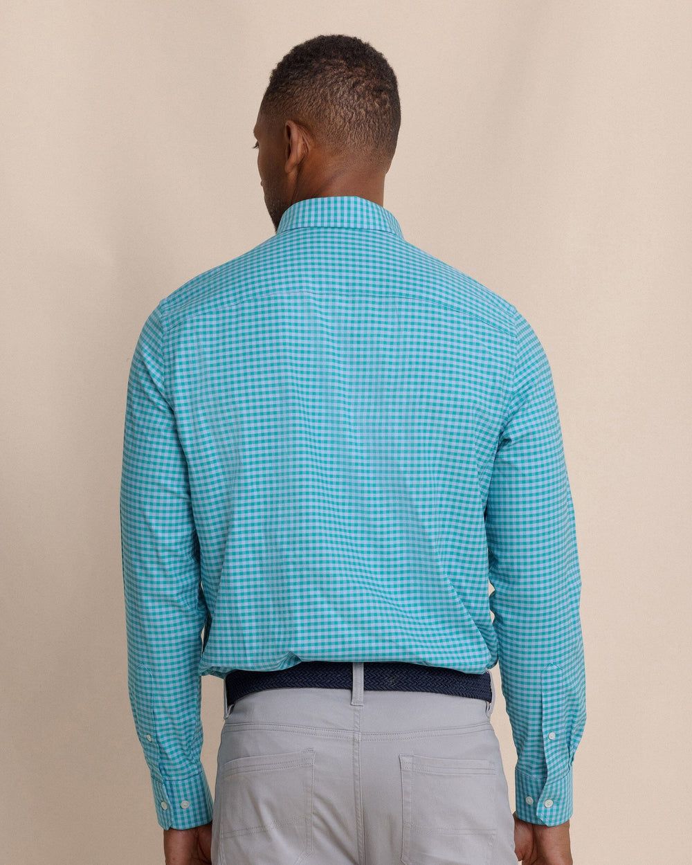 The back view of the Southern Tide Silver Lake Plaid Skipjack Sport Shirt by Southern Tide - Spruce Shade