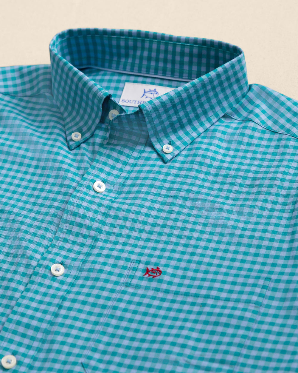 The detail view of the Southern Tide Silver Lake Plaid Skipjack Sport Shirt by Southern Tide - Spruce Shade