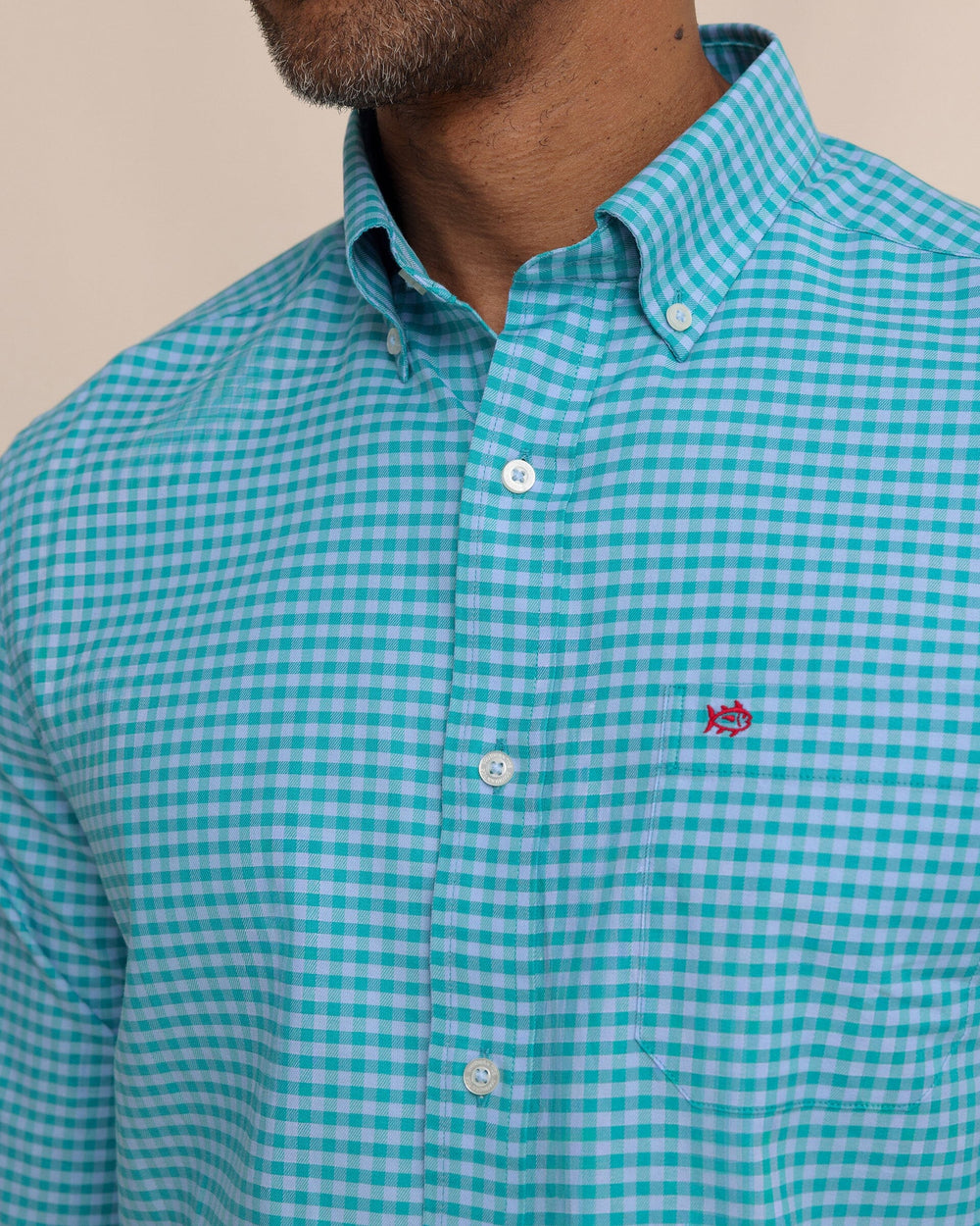 The detail view of the Southern Tide Silver Lake Plaid Skipjack Sport Shirt by Southern Tide - Spruce Shade