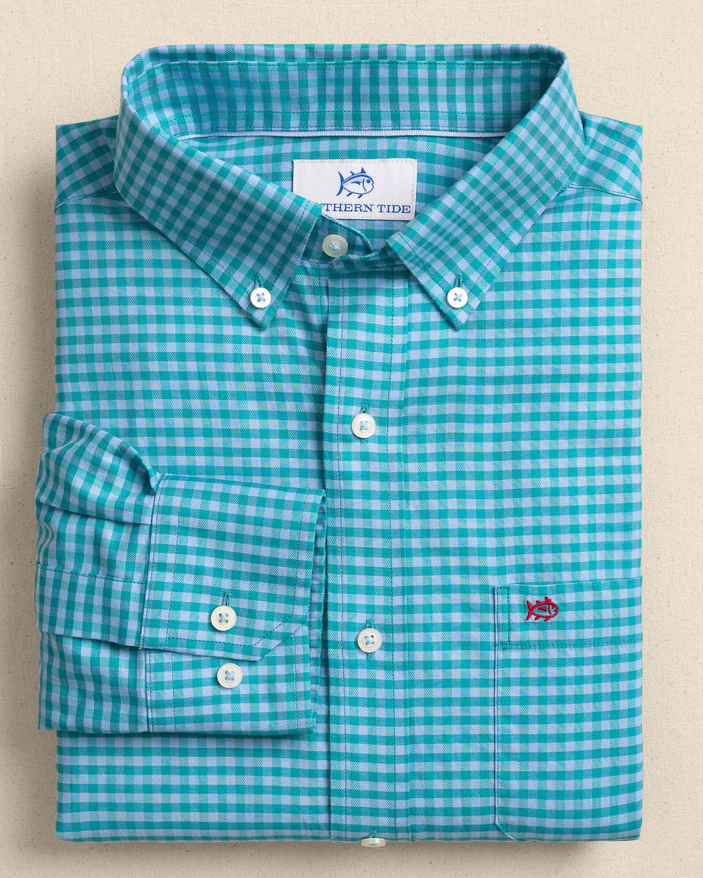 The front view of the Southern Tide Silver Lake Plaid Skipjack Sport Shirt by Southern Tide - Spruce Shade