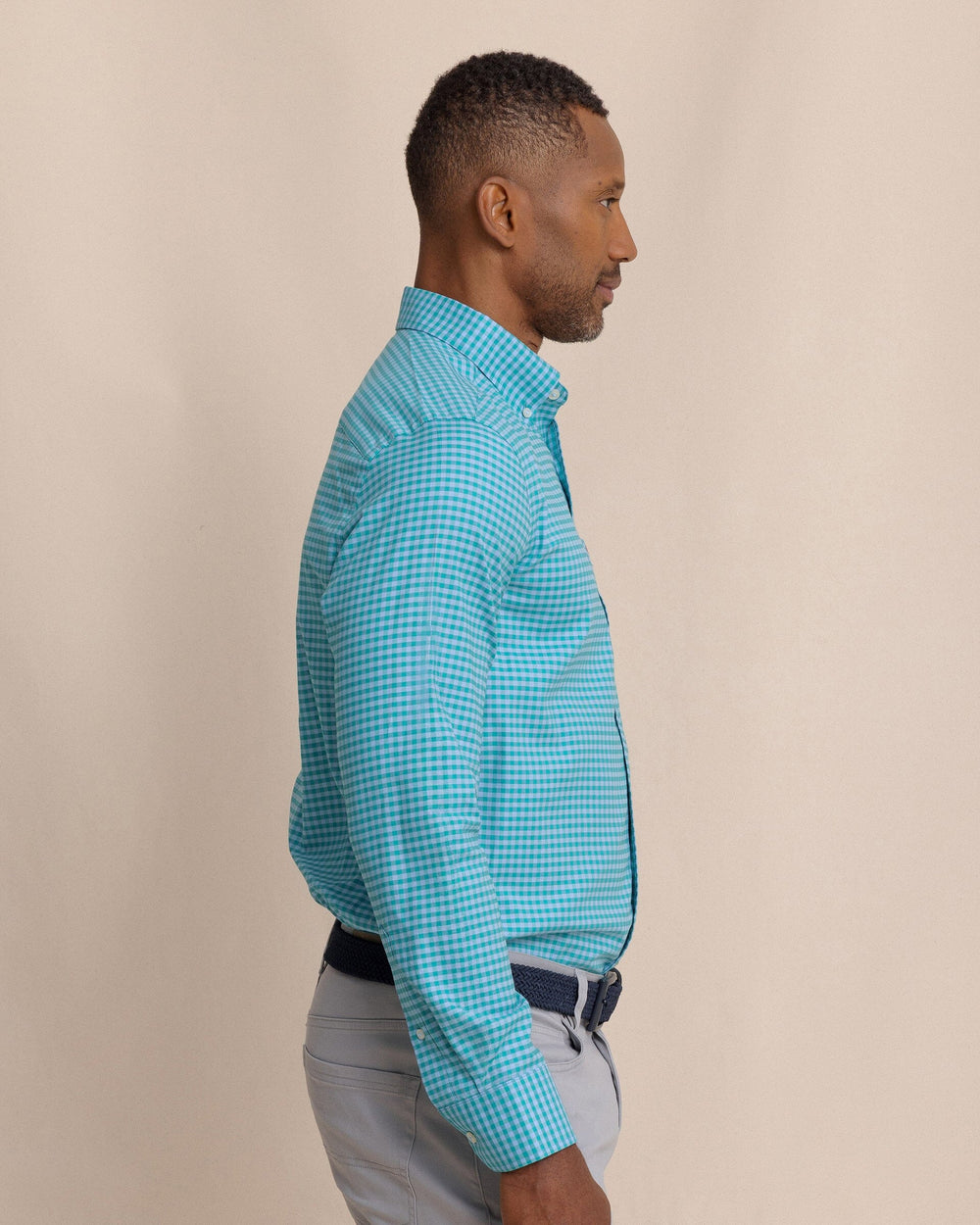 The side view of the Southern Tide Silver Lake Plaid Skipjack Sport Shirt by Southern Tide - Spruce Shade
