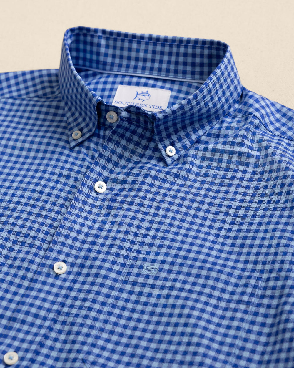 The detail view of the Southern Tide Silver Lake Plaid Skipjack Sport Shirt by Southern Tide - Surf Blue