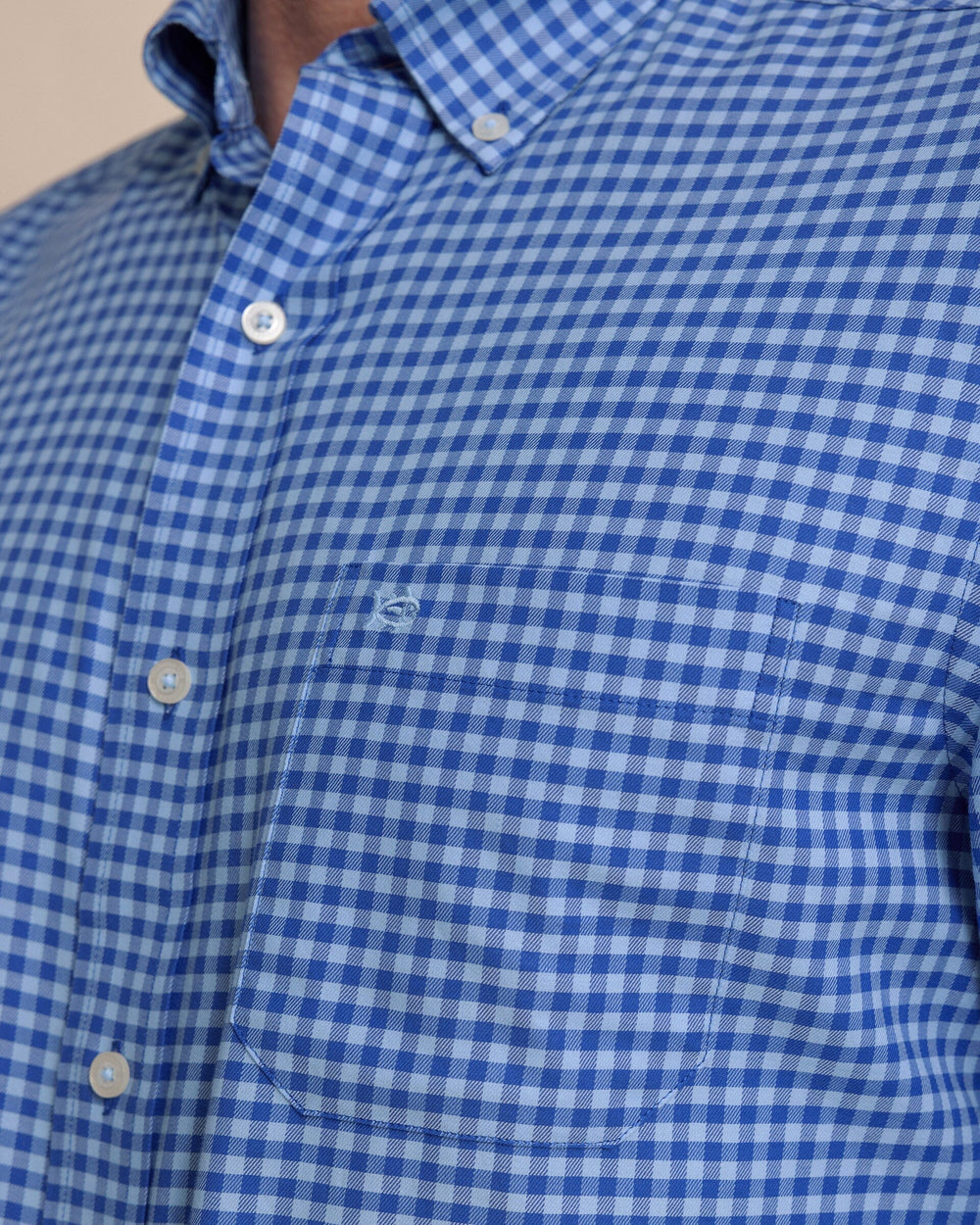 The detail view of the Southern Tide Silver Lake Plaid Skipjack Sport Shirt by Southern Tide - Surf Blue