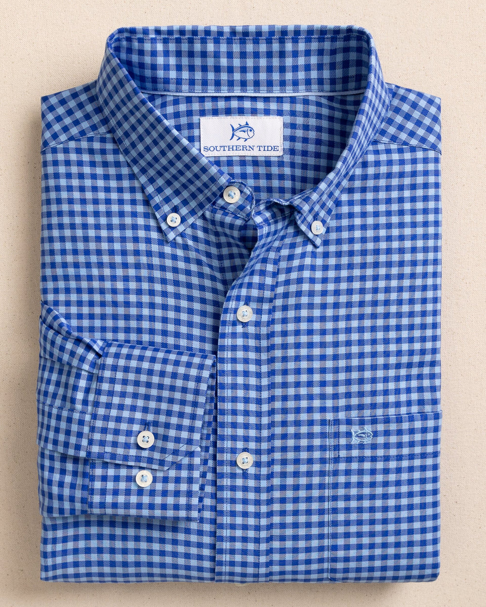 The front view of the Southern Tide Silver Lake Plaid Skipjack Sport Shirt by Southern Tide - Surf Blue