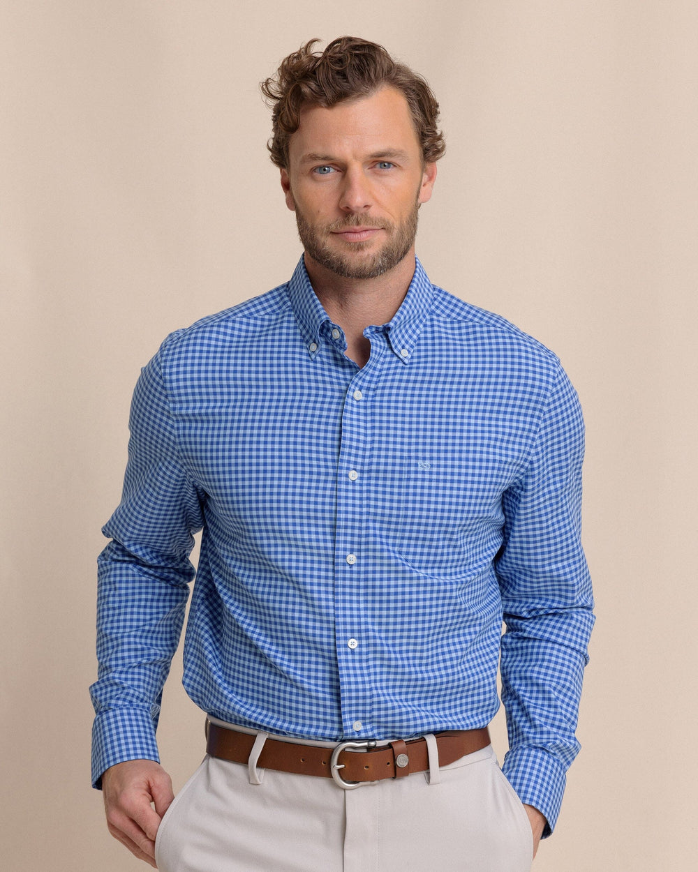 The front view of the Southern Tide Silver Lake Plaid Skipjack Sport Shirt by Southern Tide - Surf Blue