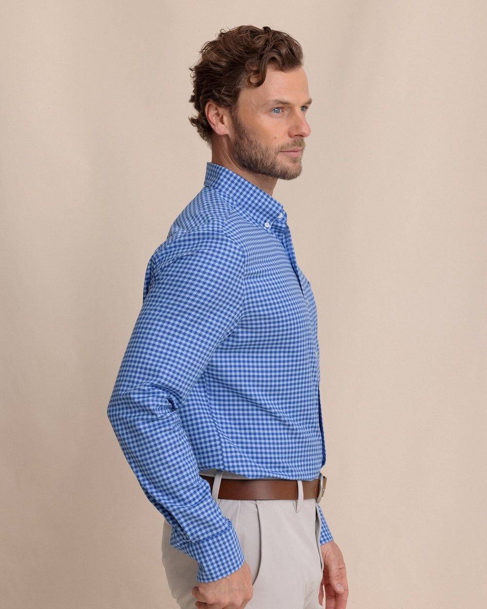 The side view of the Southern Tide Silver Lake Plaid Skipjack Sport Shirt by Southern Tide - Surf Blue