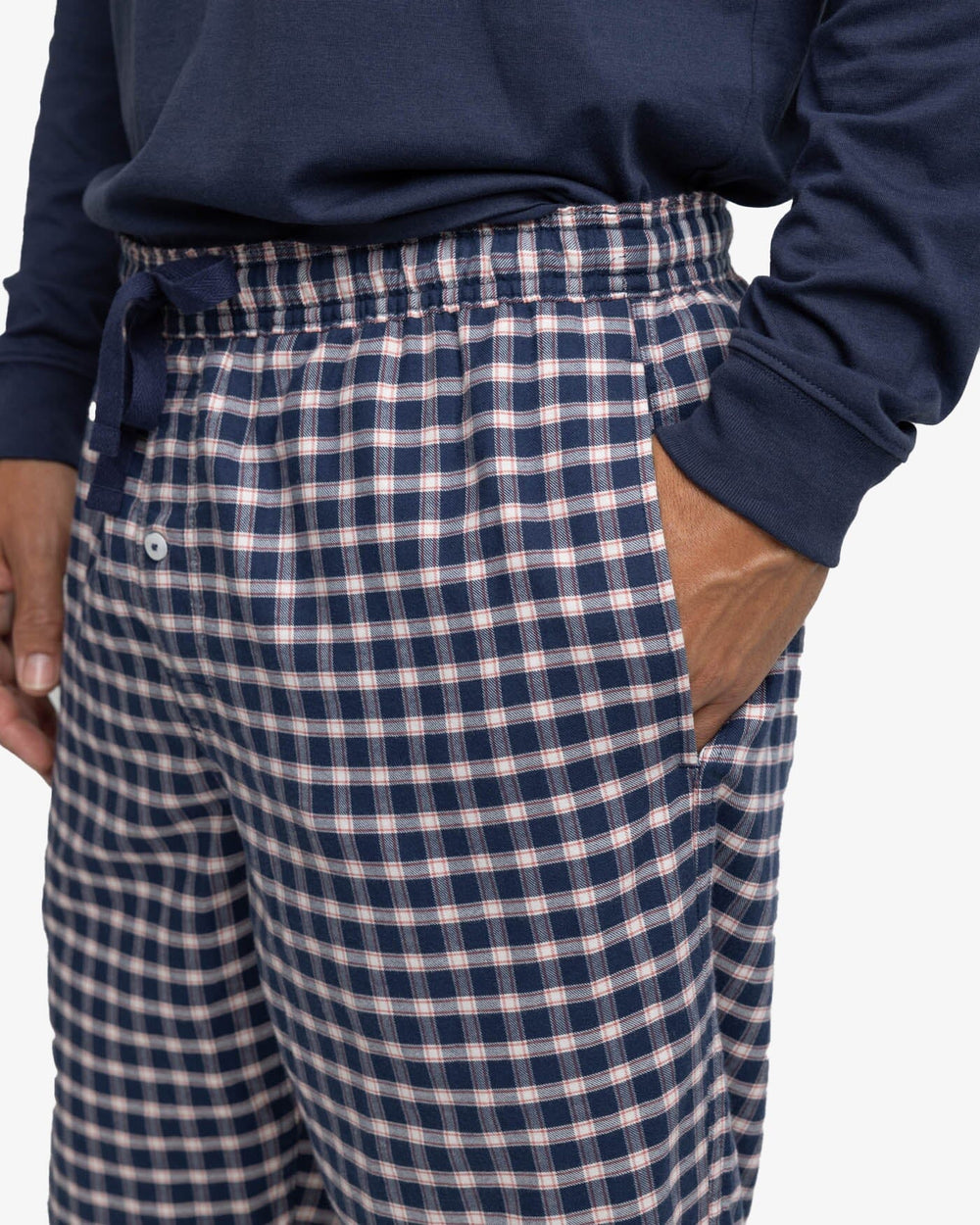 The detail view of the Southern Tide Silverleaf Plaid Lounge Pant by Southern Tide - Dress Blue