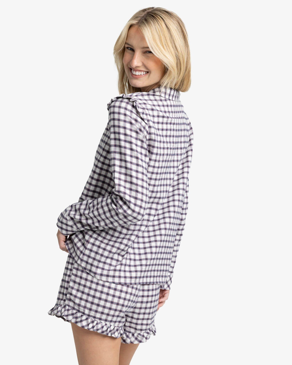 The back view of the Southern Tide Silverleaf Plaid Lounge Set by Southern Tide - Marshmallow