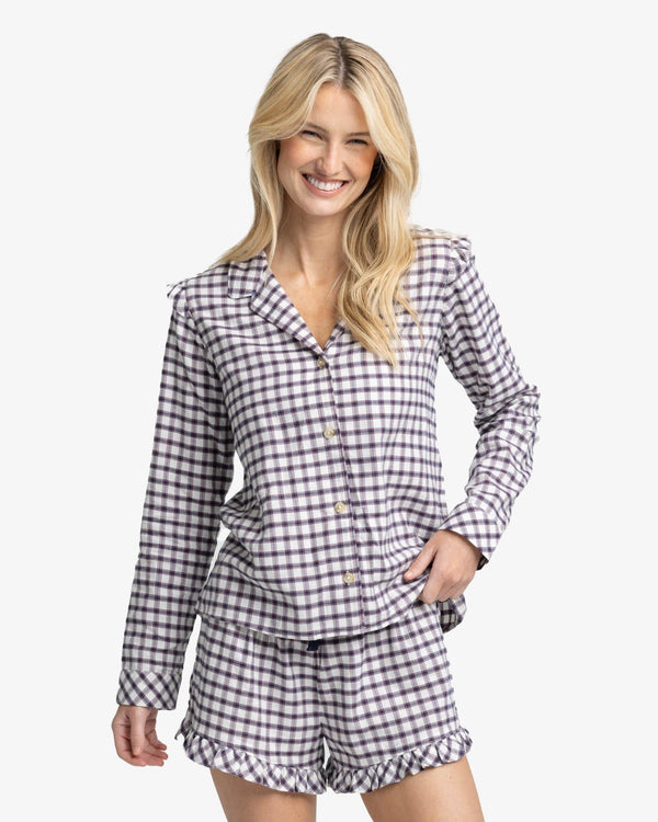 The front view of the Southern Tide Silverleaf Plaid Lounge Set by Southern Tide - Marshmallow