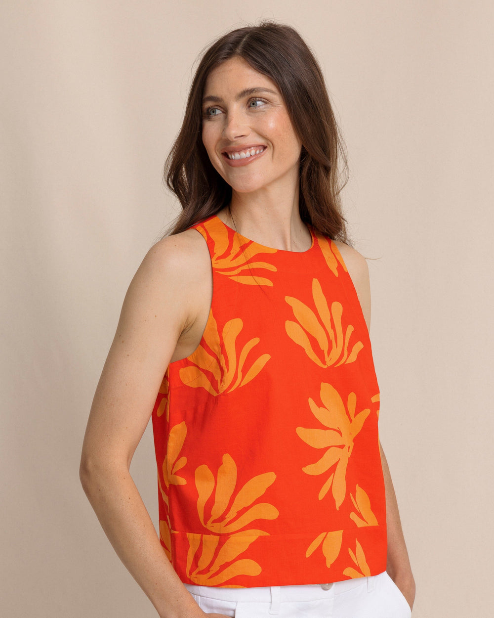 The side view of the Southern Tide Simone Leafy Luxe Printed Tank in Poppy Red by Southern Tide - Poppy Red