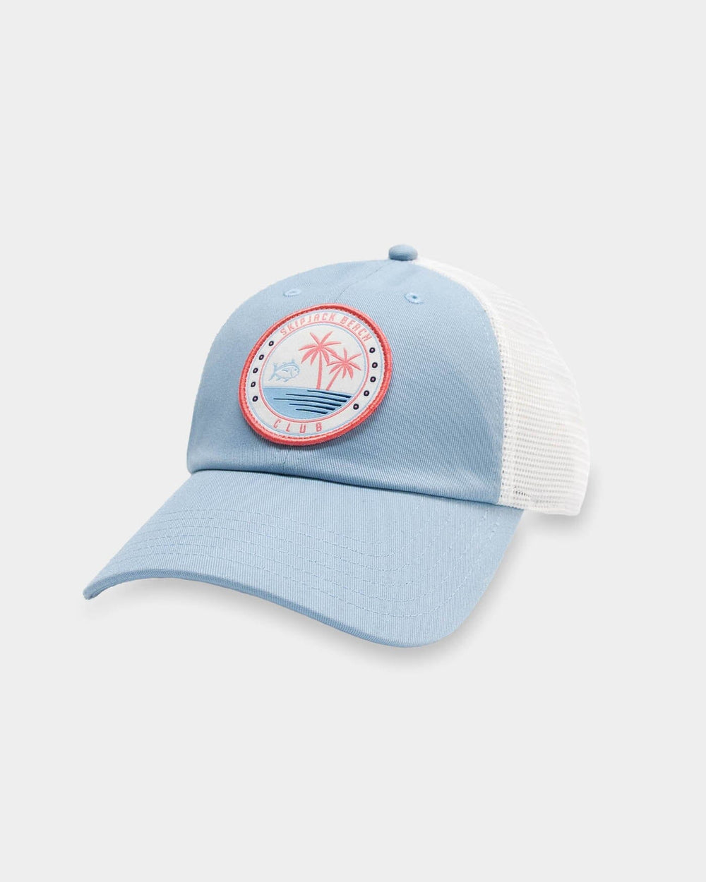 The front view of the Southern Tide Skipjack Beach Club Trucker Hat by Southern Tide - Light Blue