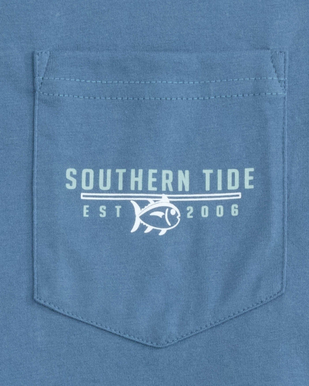 The detail view of the Southern Tide Skipjack Beach Surf Club Short Sleeve T-Shirt by Southern Tide - Coronet Blue