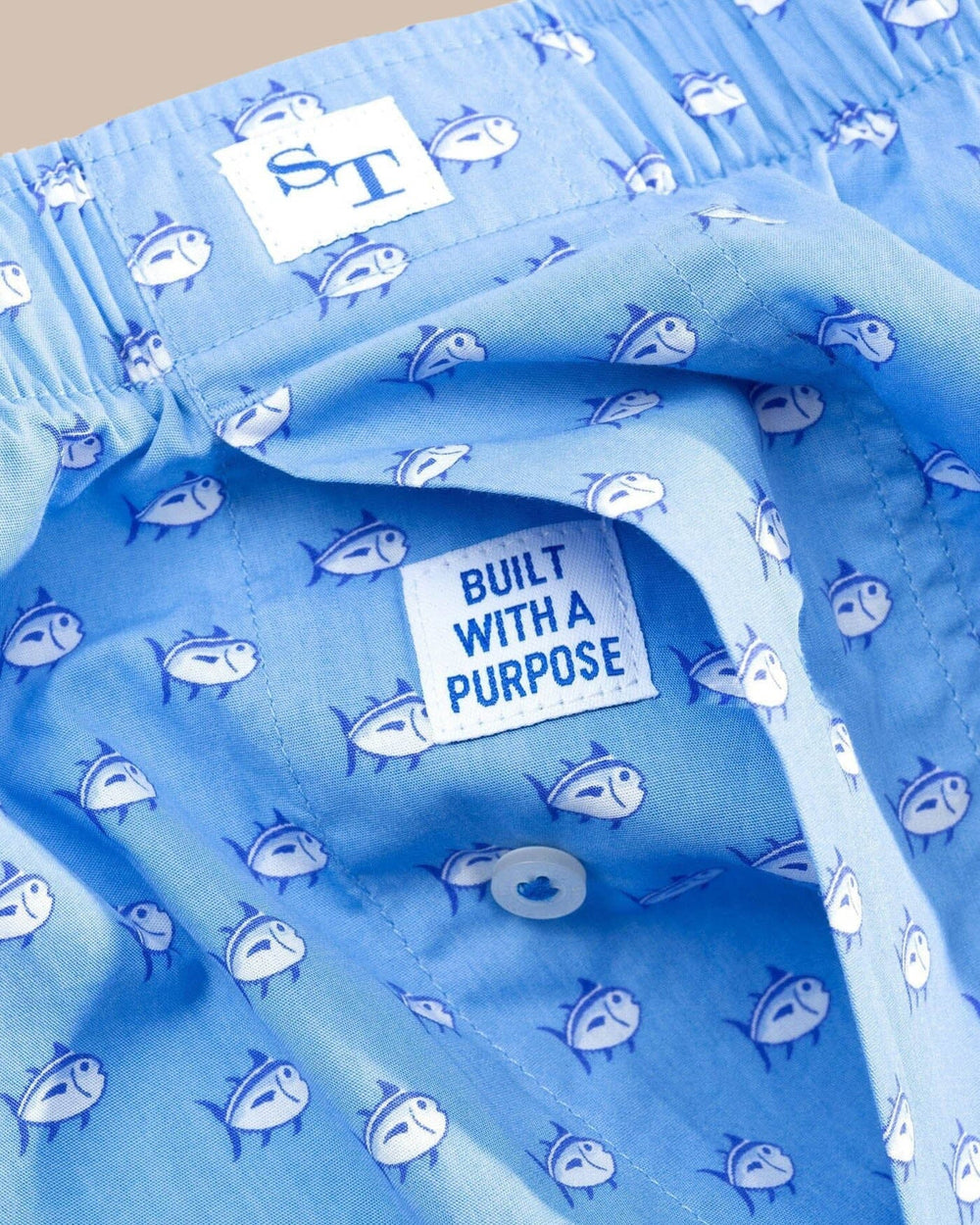 The fly view of the Men's Blue Skipjack Boxer Shorts by Southern Tide - Ocean Channel
