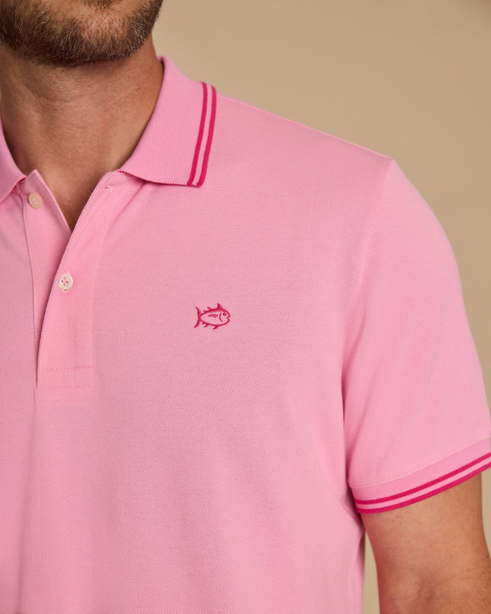 The detail view of the Southern Tide Skipjack Coastal Breeze® Pique Polo by Southern Tide - Begonia Pink