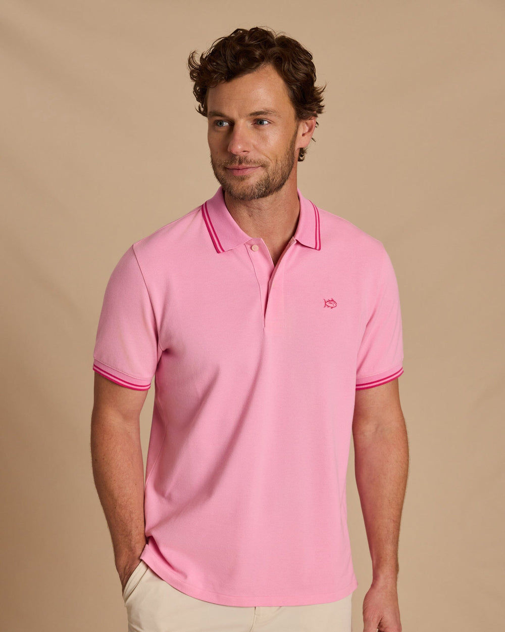 The front view of the Southern Tide Skipjack Coastal Breeze® Pique Polo by Southern Tide - Begonia Pink
