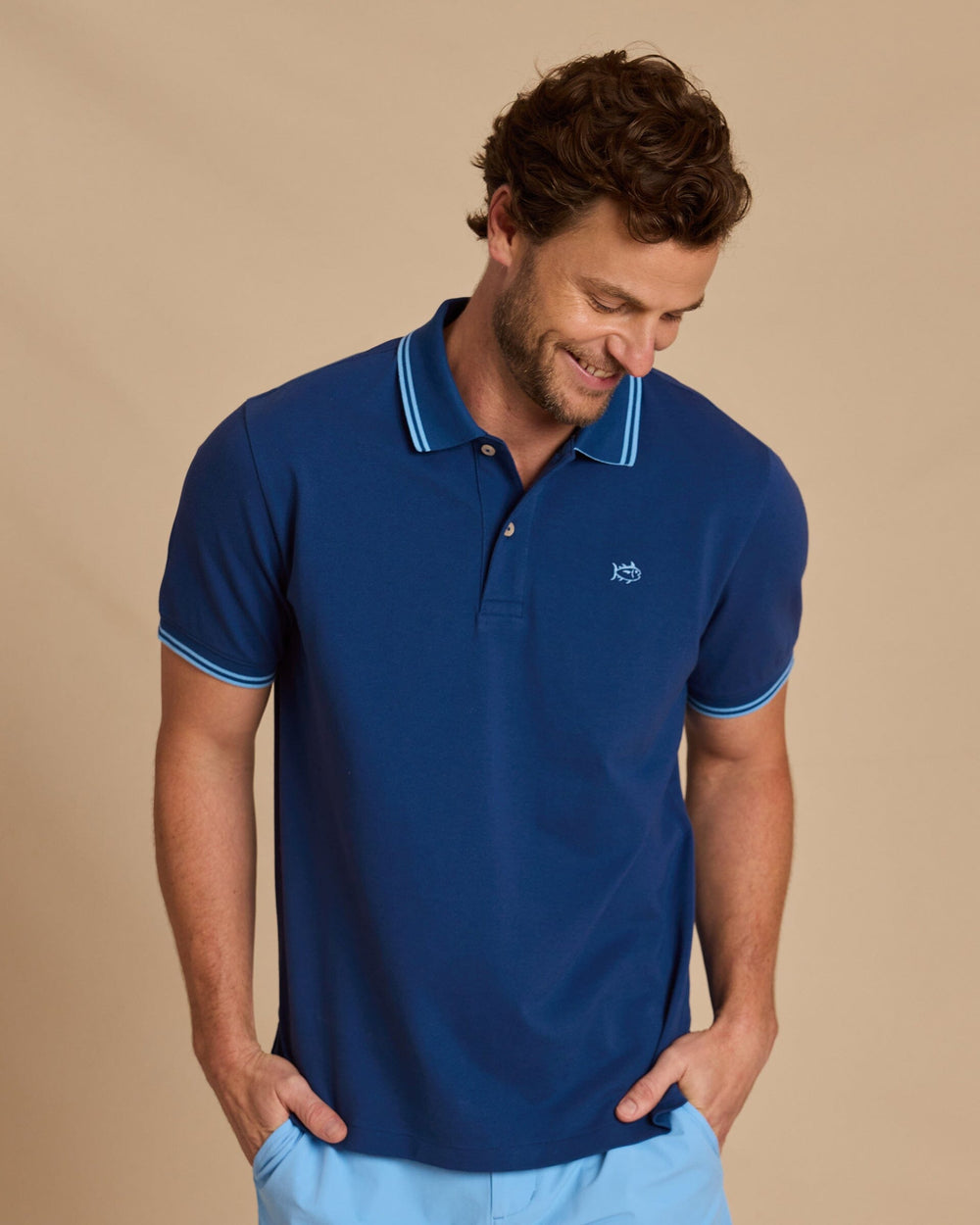The front view of the Southern Tide Skipjack Coastal Breeze® Pique Polo by Southern Tide - Nautical Blue