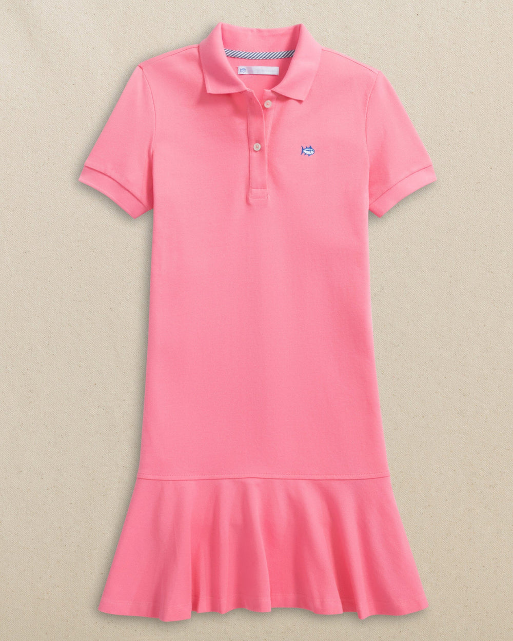 The front view of the Southern Tide Skipjack Dropwaist Polo Dress by Southern Tide - Sea Pink
