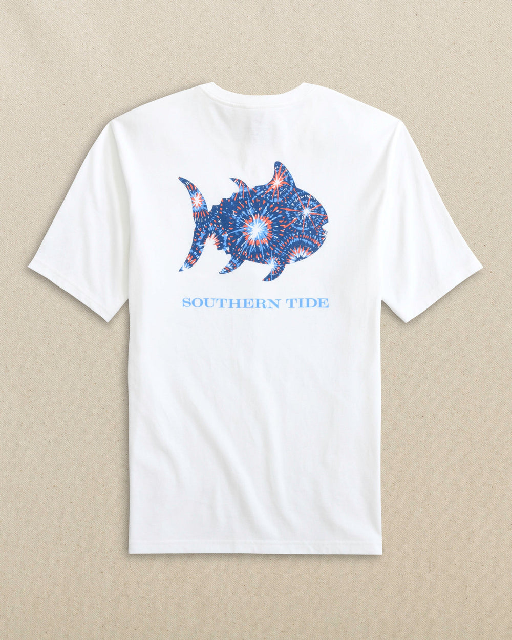 The back view of the Southern Tide Skipjack Fill Fireworks Short Sleeve T-Shirt by Southern Tide - Classic White