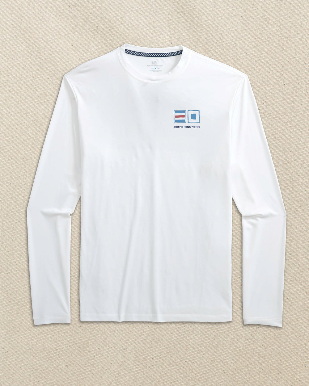 The front view of the Southern Tide Skipjack Fill Nautical Flag Long Sleeve Performance T-Shirt by Southern Tide - Classic White
