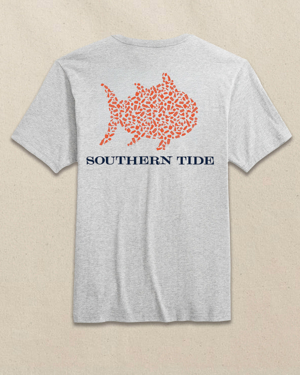 The back view of the Southern Tide Skipjack Fill Tailgate Short Sleeve T-Shirt by Southern Tide - Endzone Orange and Navy