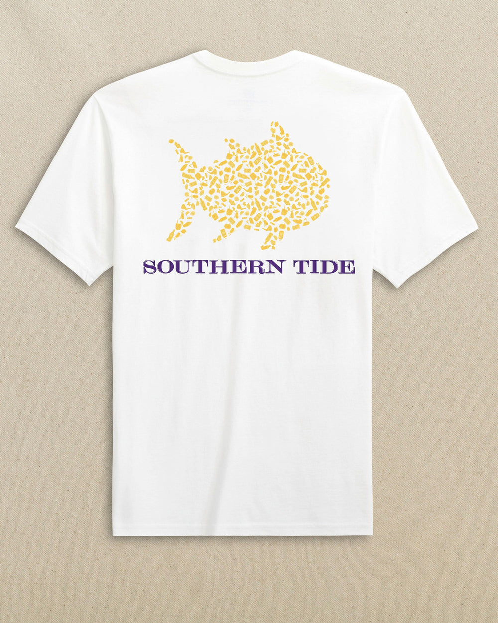 The back view of the Southern Tide Skipjack Fill Tailgate Short Sleeve T-Shirt by Southern Tide - Yellow and Regal Purple