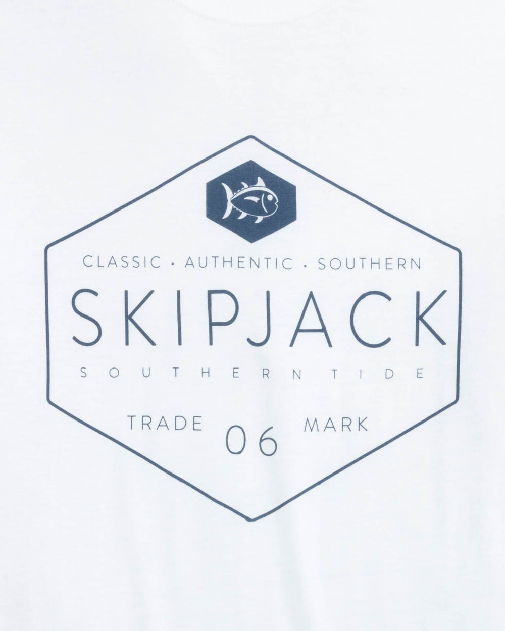 The detail view of the Southern Tide Skipjack Honeycomb Front Graphic Short Sleeve T-shirt by Southern Tide - Classic White