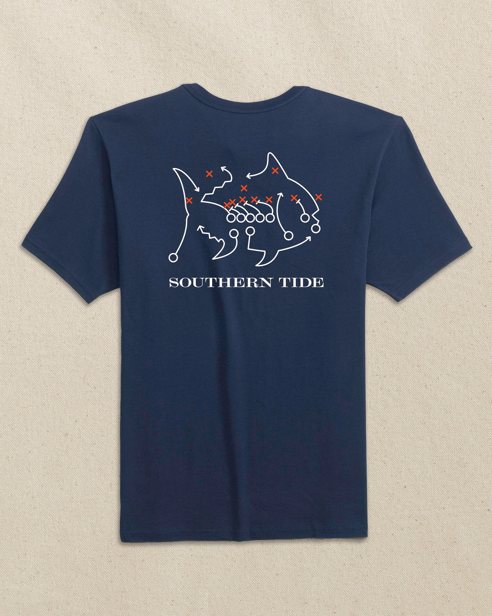 The back view of the Southern Tide Skipjack Play Short Sleeve T-Shirt by Southern Tide - Navy and Endzone Orange