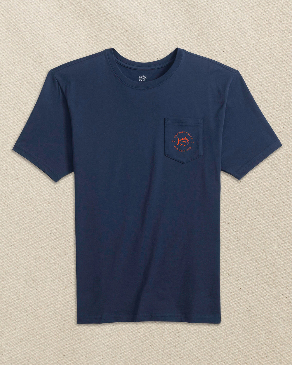 The front view of the Southern Tide Skipjack Play Short Sleeve T-Shirt by Southern Tide - Navy and Endzone Orange